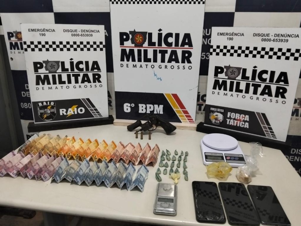 Polícia Militar detém três faccionados com revólver e pasta base de cocaína em Cáceres