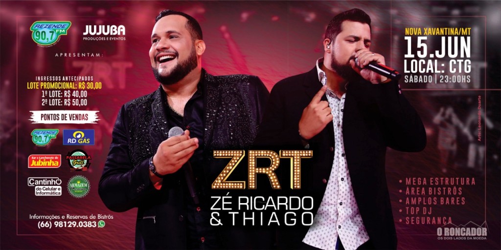 A dupla sertaneja de maior sucesso do momento,  Zé Ricardo e Thiago, se apresenta em Nova Xavantina