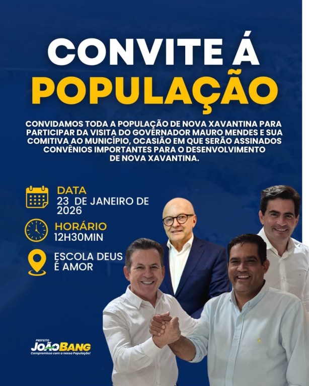 Convênios, investimentos e avanços para Nova Xavantina Nesta sexta-feira (23), às 12h30, o município de Nova Xavantina receberá o governador Mauro Mendes e sua comitiva no auditório da Escola Deus é Amor.