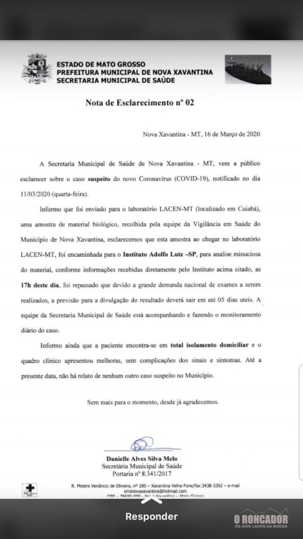 Secretaria de Saúde de Nova Xavantina emite nota sobre o caso suspeito de coronavirus (caso ainda não confirmado)