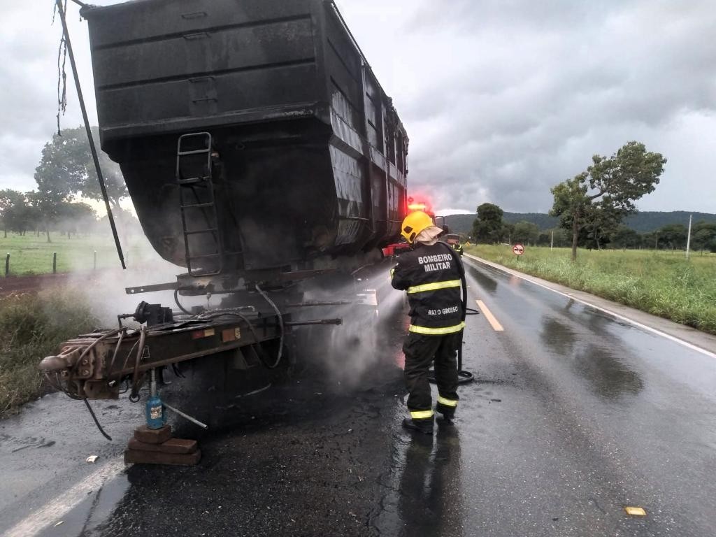 Corpo de Bombeiros combate incêndio em carreta na BR-070