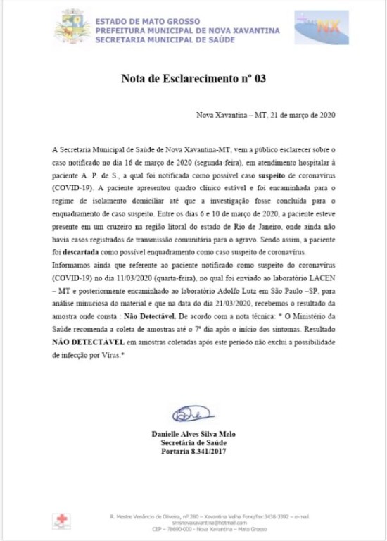 Secretaria de Saúde emite nota sobre os casos suspeitos de coronavirus em Nova Xavantina