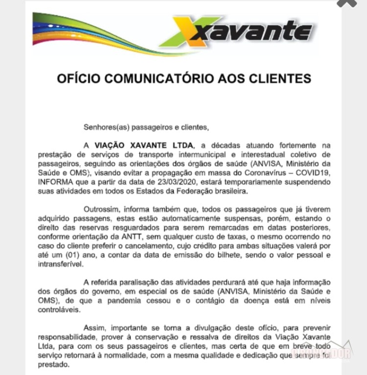 Xavante suspenderá transporte intermunicipal em todo estado a partir de segunda-feira