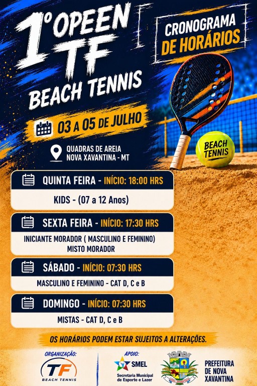 Nova Xavantina recebe o 1º Open TF Beach Tennis entre os dias 3 a 5 de julho