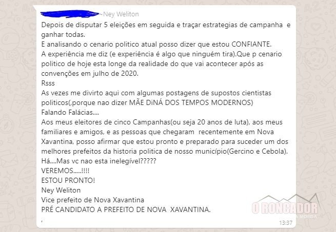 Vice-prefeito de Ney Welliton afirma em grupo do WhatsApp que será pré-candidato a prefeitura de Nova Xavantina