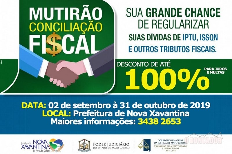 Nova Xavantina realiza mutirão fiscal com desconto de até 100% de juros e multas em setembro