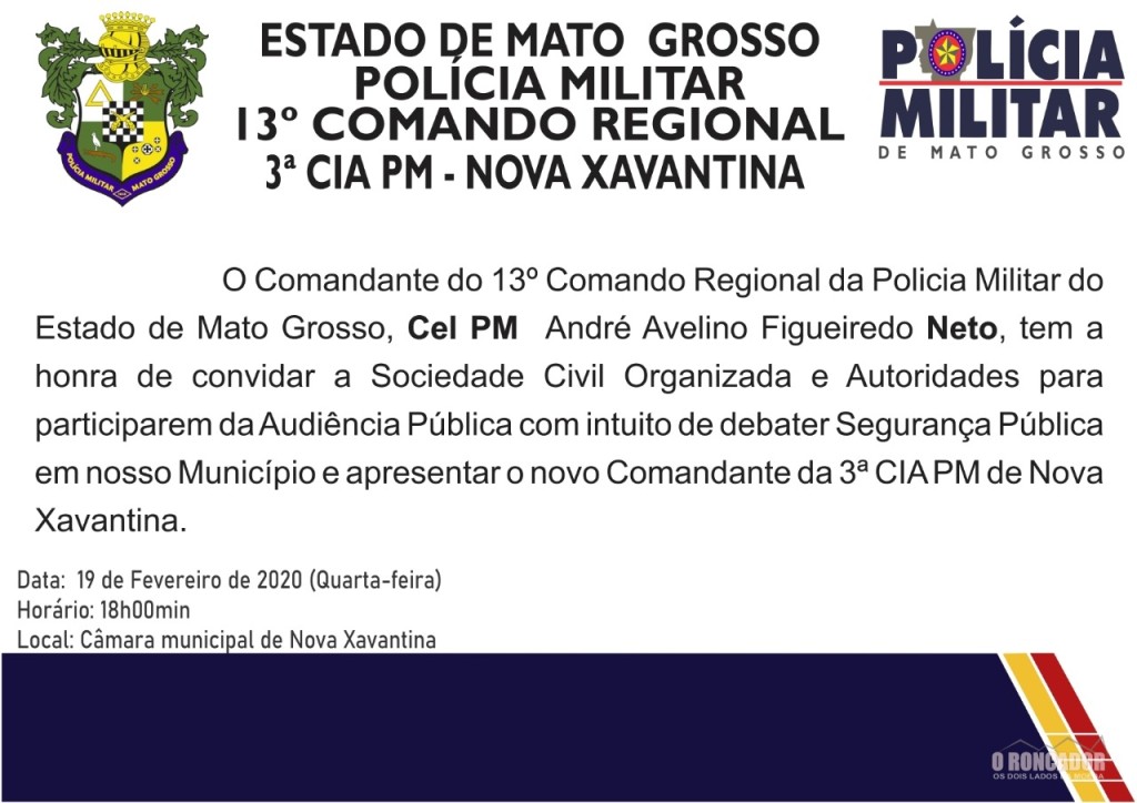 Policia Militar de Nova Xavantina convida população para participar de audiência sobre Segurança Pública