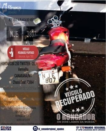 Polícia Militar recupera moto furtada em Canarana