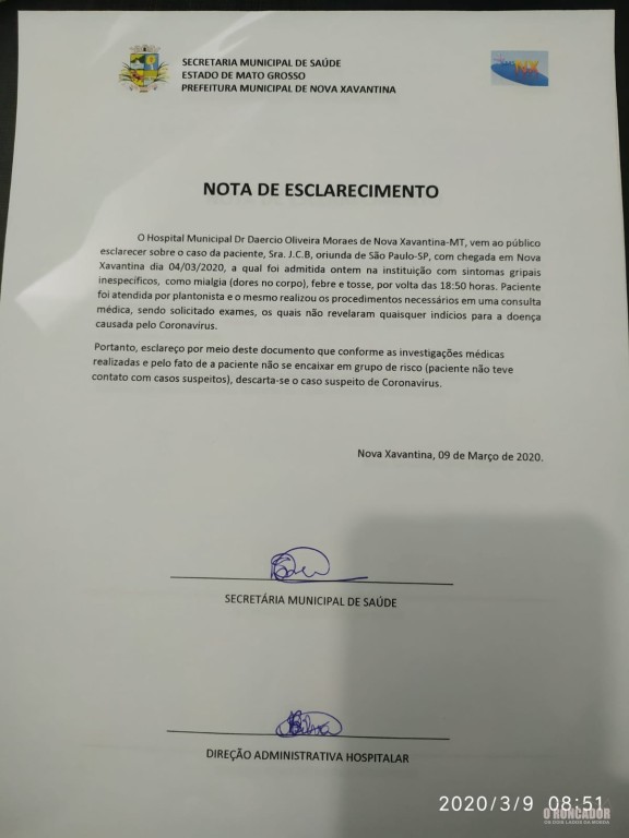 Secretaria de saúde descarta caso de coronavírus em Nova Xavantina